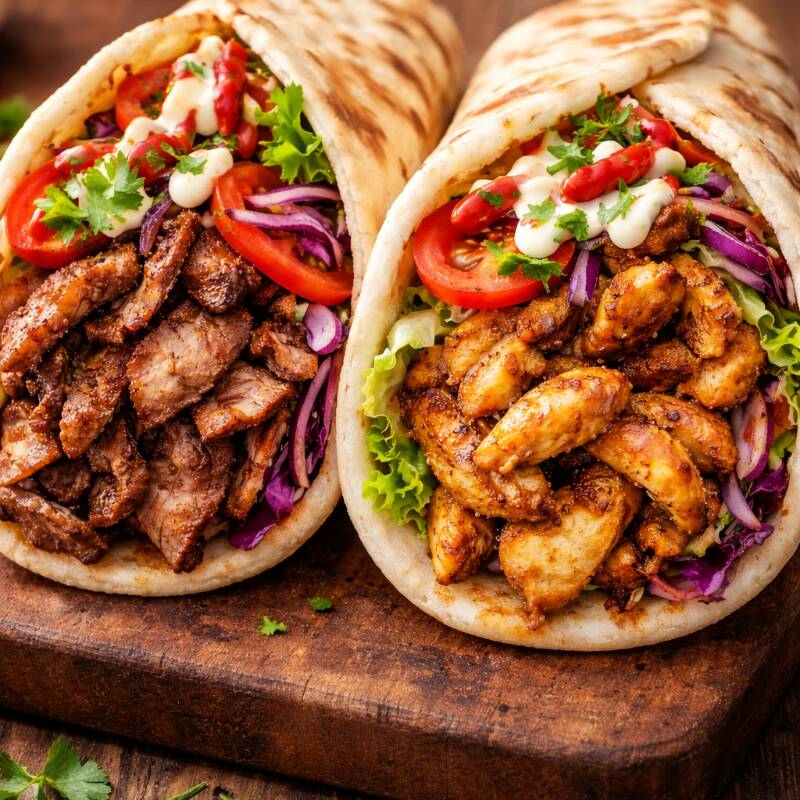 Delicioso kebab no pão árabe levemente tostado, recheado com ingredientes frescos e muito sabor. Uma combinação irresistível de carne suculenta, temperos especiais e molho cremoso que deixa cada mordida ainda mais saborosa.