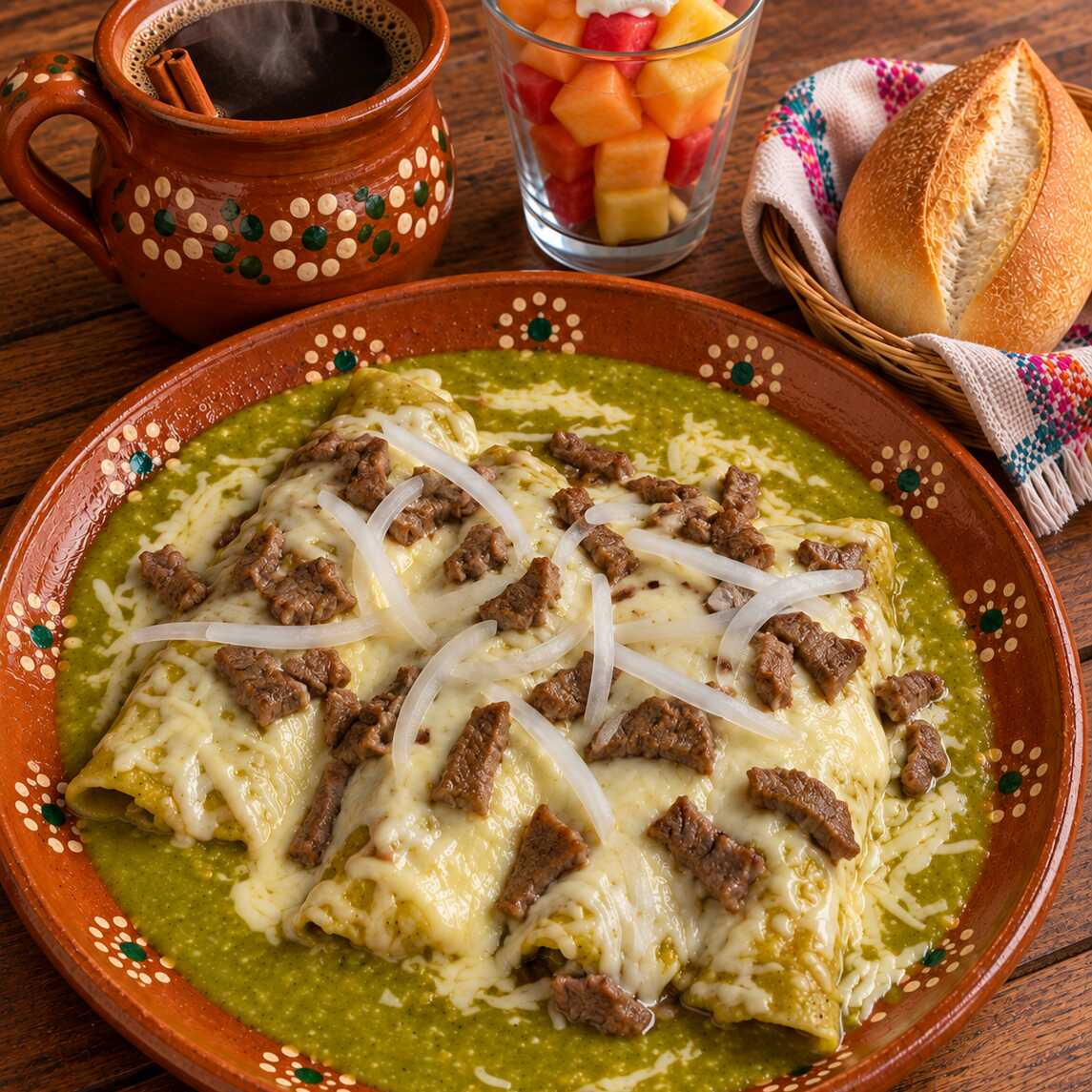 Enchiladas Suizas con Bistec + Fruta + Café