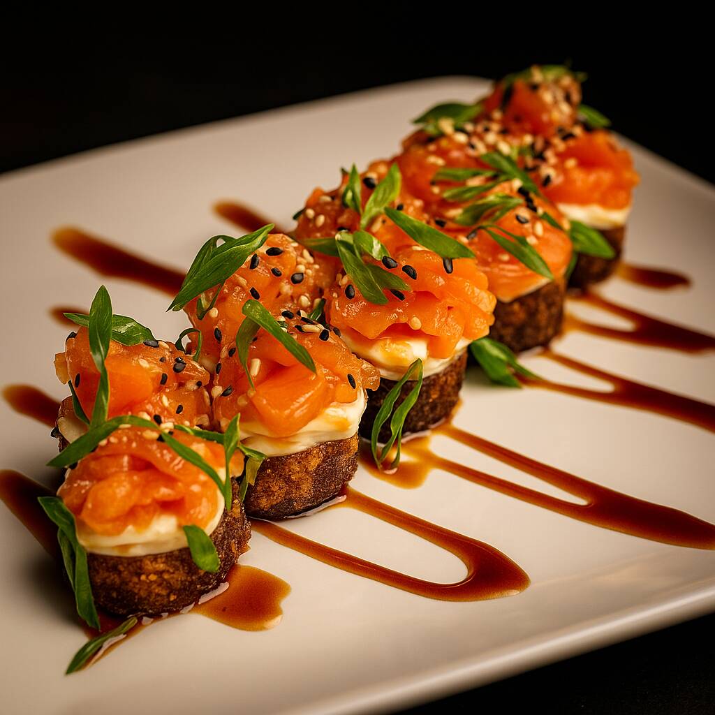 Deliciosos roll crocante sobreposto de creem chesse, salmão, cebolinha e gergelim coberto com molho especial.