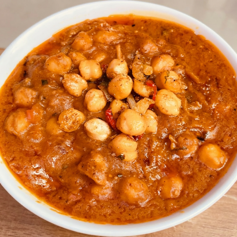 Talvez o prato mais popular na índia! feito com grão de bico cozido em um molho de tomate, cebola e especiarias.