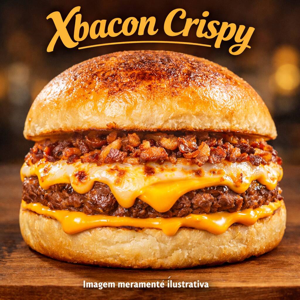 Xbacon Crispy: pão de leite selado na maionese artesanal, Hambúrguer artesanal, mussarela gratinada, cheddar cremoso e bacon crispy.