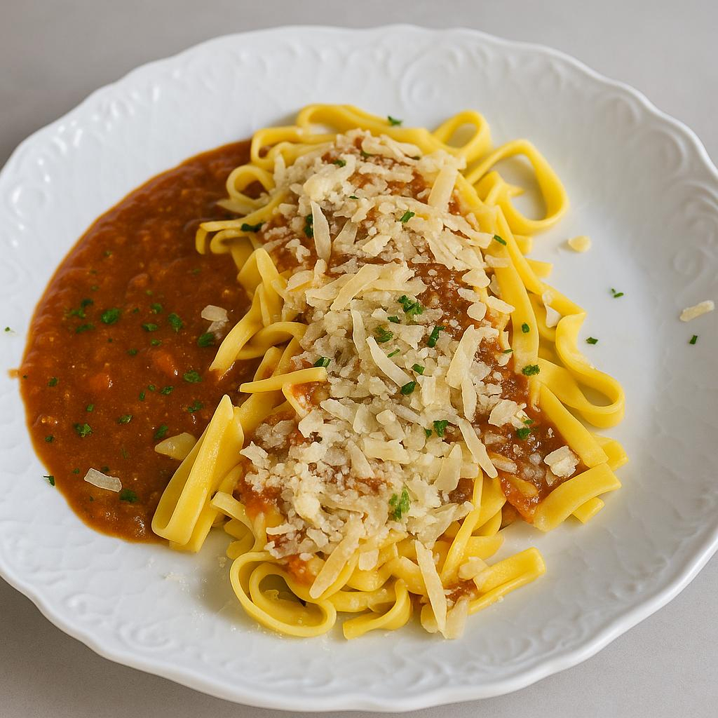 Massa fresca ao molho bolonhesa Artesanal, finalizada com tiras de frango grelhado