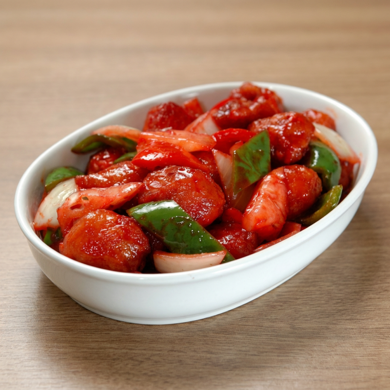 Cubos de peito de frango empanados ao molho agridoce.