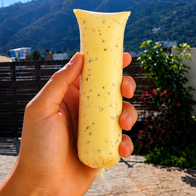 Feito com a fruta + bolacha no meio, uma DELÍCIA.