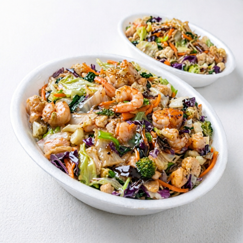 Delicie-se com nosso Yakisoba de Camarão, um prato apetitoso e bem servido, que pesa 500g. A base é um macarrão oriental de textura perfeita, misturado a uma variedade de legumes frescos e crocantes: acelga, repolho verde e roxo, brócolis ninja, couve-flor e cenoura. E o protagonista é o camarão, generosamente distribuído e de sabor irresistível. Tudo isso é envolvido por um molho especial, que equilibra todos os sabores e traz uma rica experiência gastronômica. Uma combinação perfeita para quem aprecia a culinária oriental.