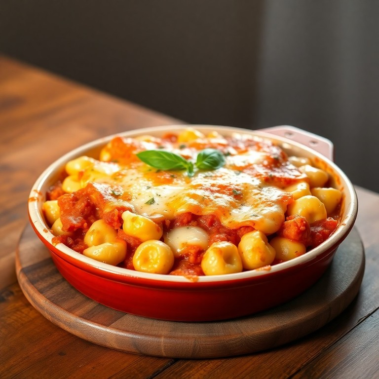 Gnocchi da casa com mini polpetas de carne e molho de tomate, gratinado com queijo provolone.