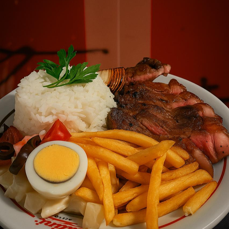 - Arroz, farofa, maionese e batata frita