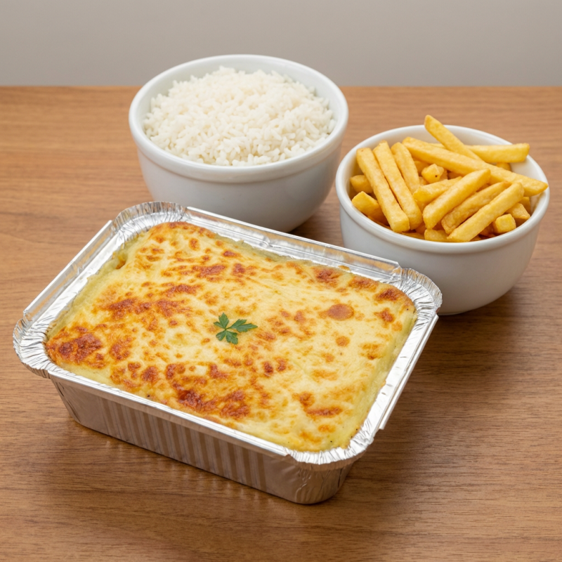 Purê de mandioca com recheio de camarão , gratinado com mussarela e Catupiry , acompanha arroz branco e batata frita