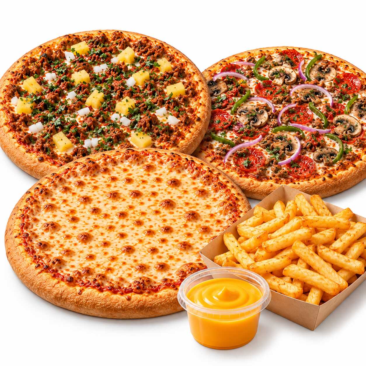 🔥 Combo Fuego y Nieve – 3 Pizzas + Papas