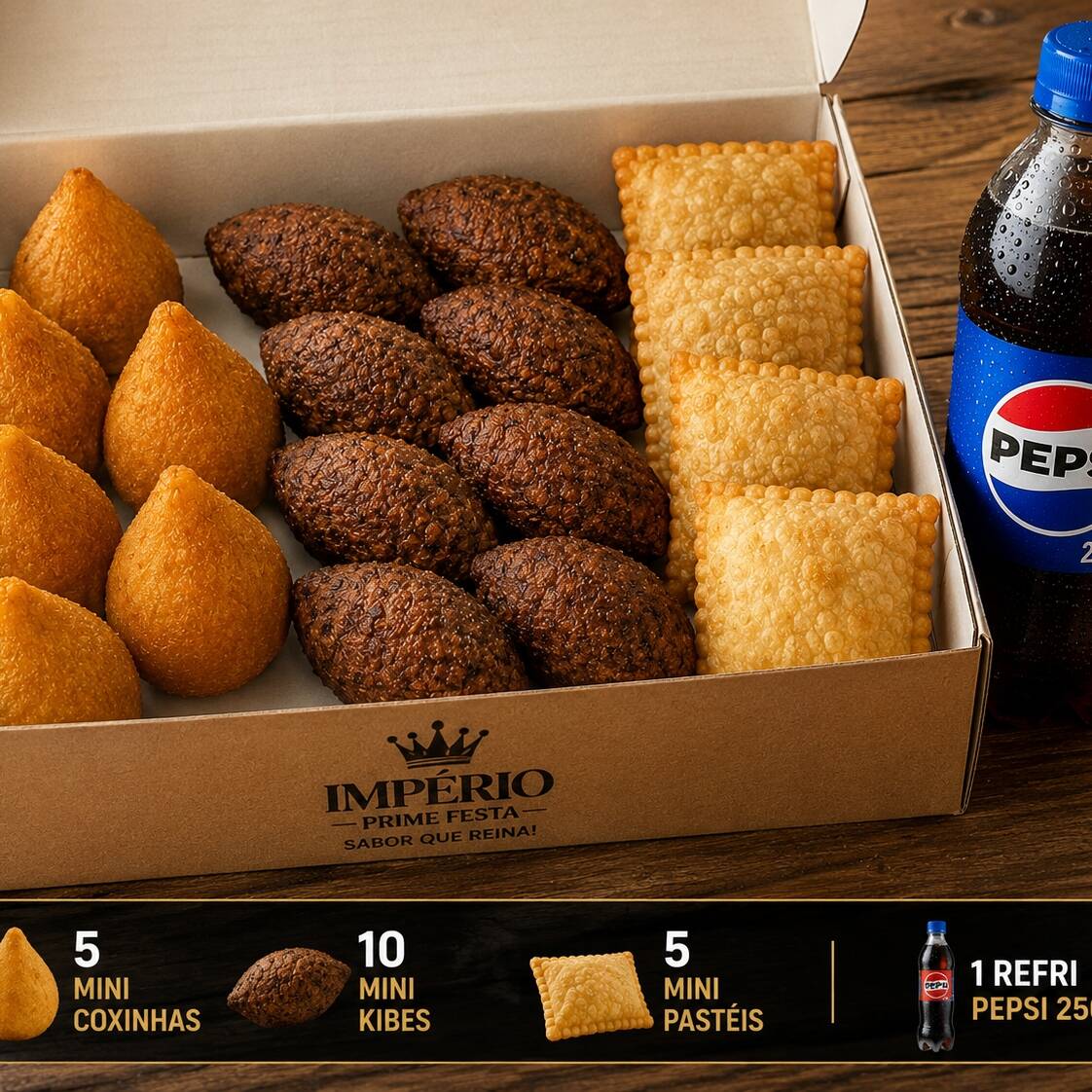 🏆 Combo Campeão: 20 mini salgados variados + 1 Antártica 200 ml! 😋São 10 mini quibes, 5 mini coxinhas e 5 mini pastéis sabor carne, uma combinação perfeita para matar a fome e experimentar diferentes sabores em um só combo! 🔥🥤