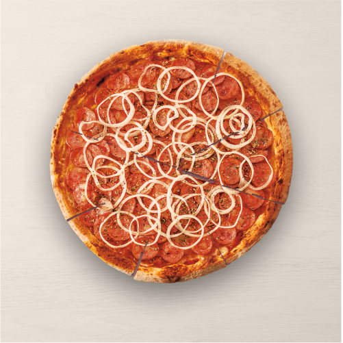 Calabresa, molho de tomate, cebola e orégano.