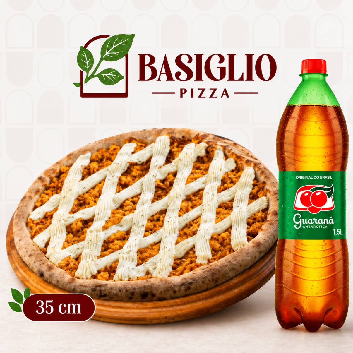 Pizza grande (35cm, 8 fatias) acompanhada de 1 refrigerante. Ideal para compartilhar momentos.