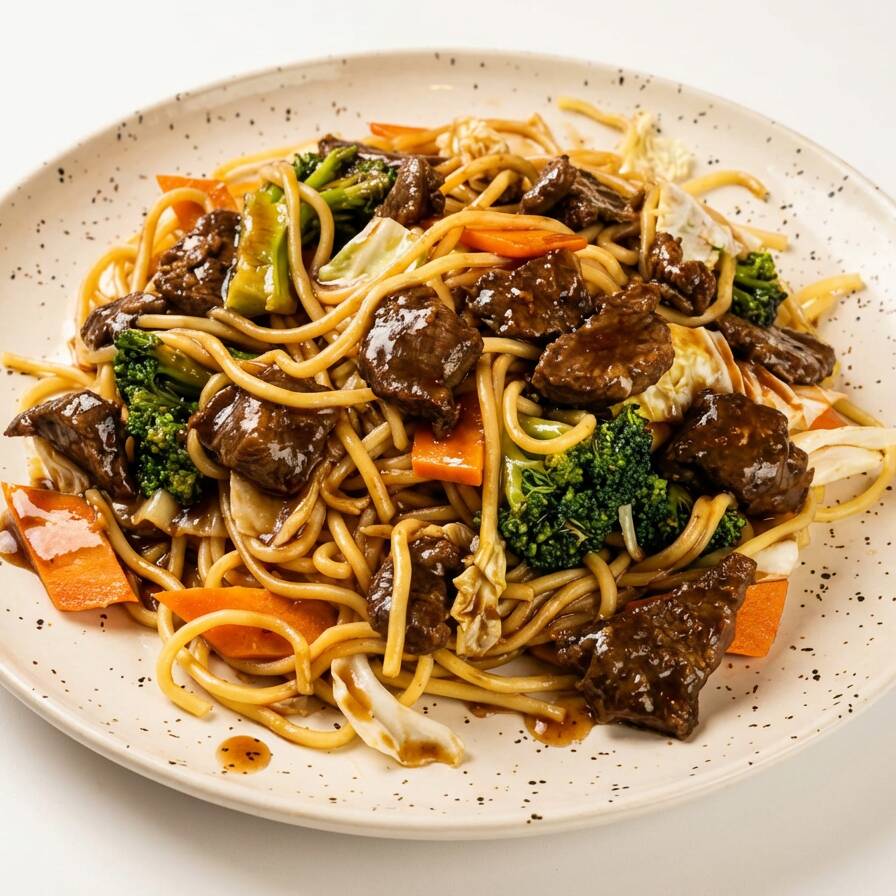 Macarrão chinês cozido com pedaços e carne e legumes ao molho de soja e especiarias