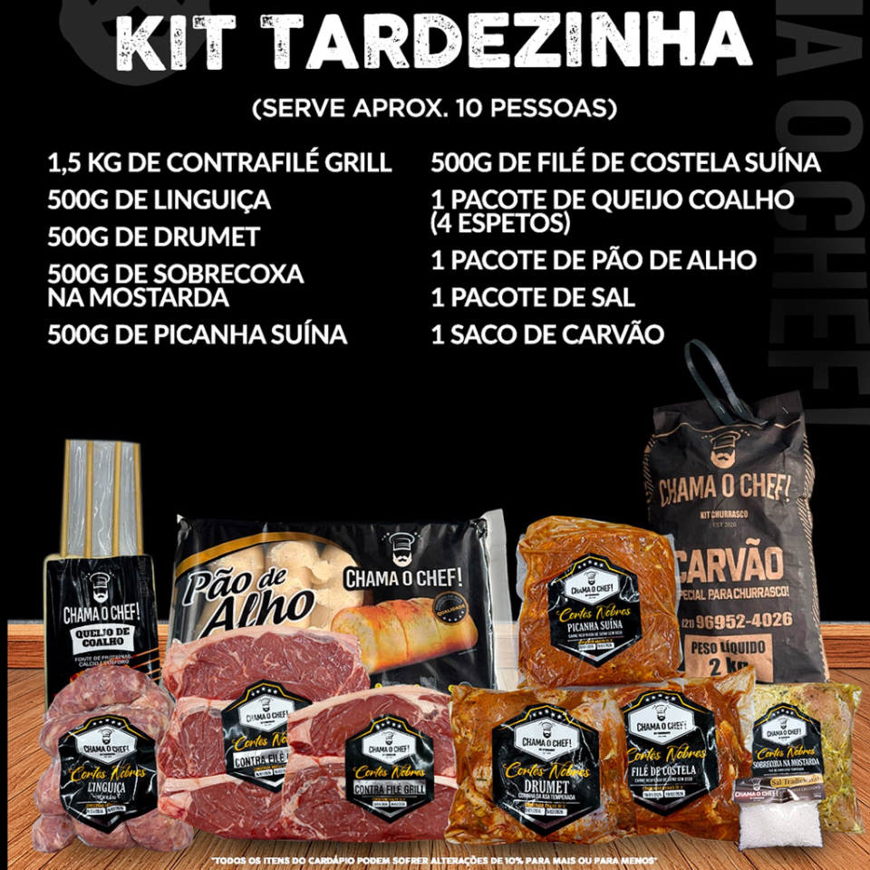 1,5kg de Contra Filé Grill, 500g de Linguiça, 500g de Drumet, 500g de Filé de Costela Suíno, 500g Picanha Suína, 500g de Sobrecoxa na mostarda, 1 Pacote de Queijo Coalho (4 Espetos), 1 Pacote de Pão de Alho, 1 Pacote de Sal, 1 Saco de Carvão.