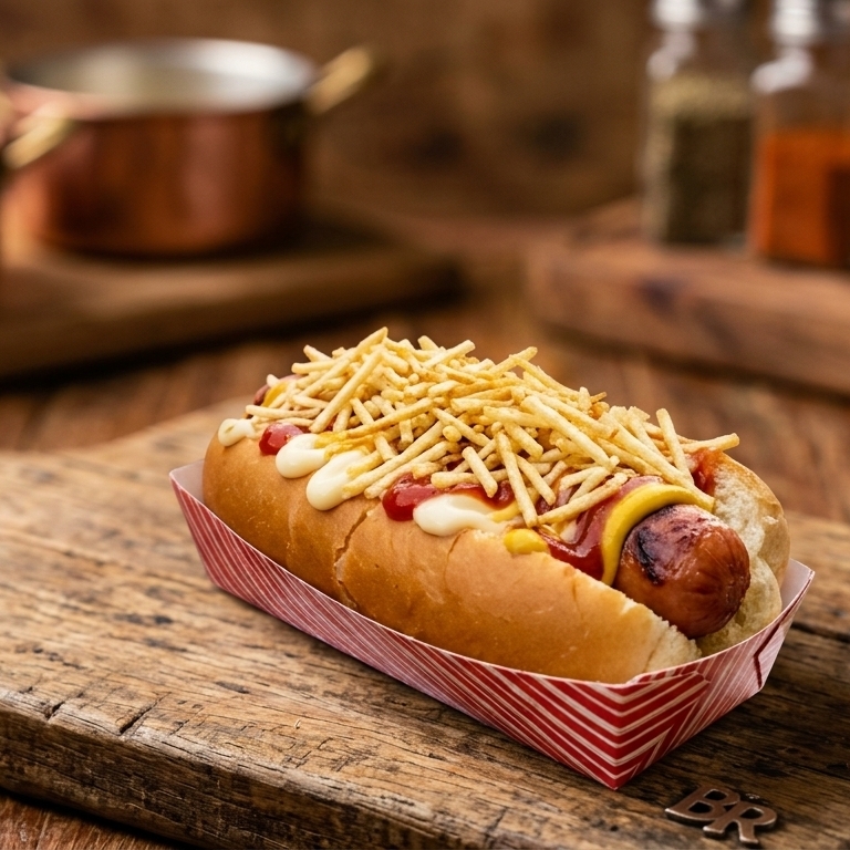 Pão de hot dog, 1 salsicha, maionese, cat chup, mostarda e batata palha.