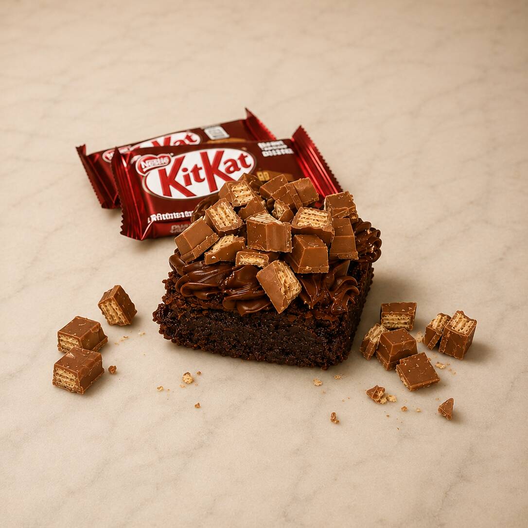 Delicioso brownie com uma camada deliciosa de creme de chocolate preto, e pedaços de kitkat partido por cima.
