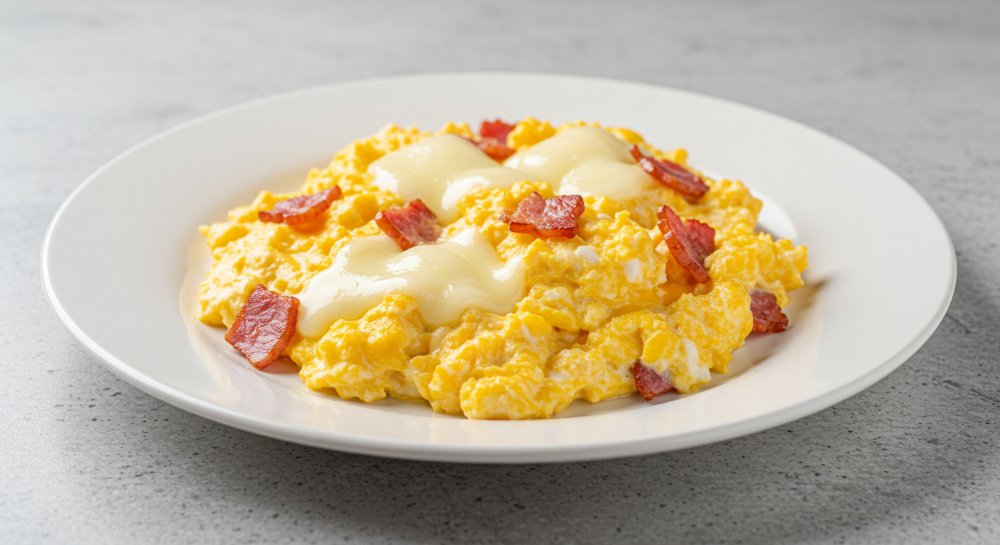 Huevos Revueltos con Tocineta y queso.