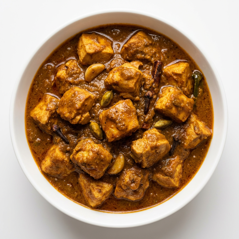 Vindaloo é um prato original de goa. chicken vindaloo é feito de cubos de frango temperados com várias especiarias, cozido lentamente em fogo médio. esta versão usa uma mistura complexa de especiarias aromáticas como cravo, canela, cardamomo, pimentas, vinagre e alho. agradecemos aos portugueses por apresentar-nos esta bela receita.