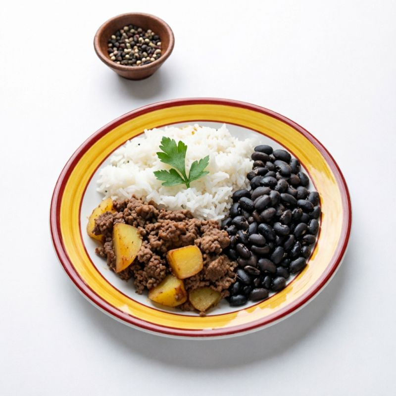 Carne moída suculenta com batata, servida com arroz branco soltinho e feijão