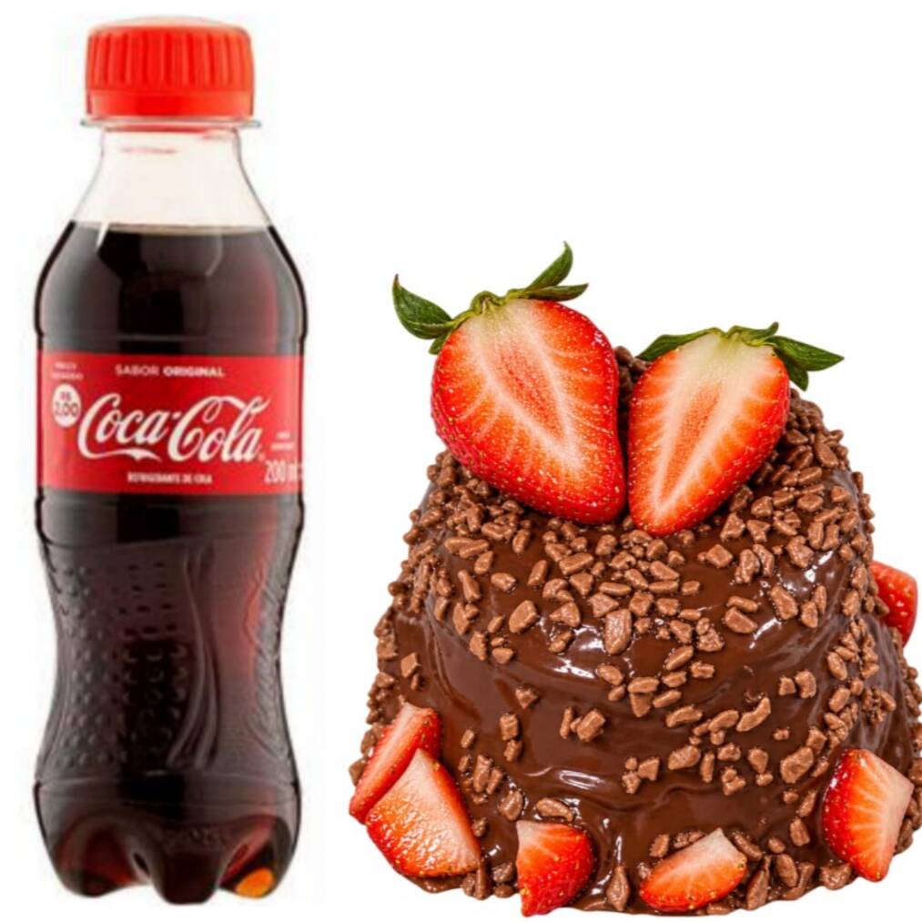Um coca cola geladinha de 250ml junto com um delicioso mini Vulcão Sensação. (Brigadeiro com morangos).