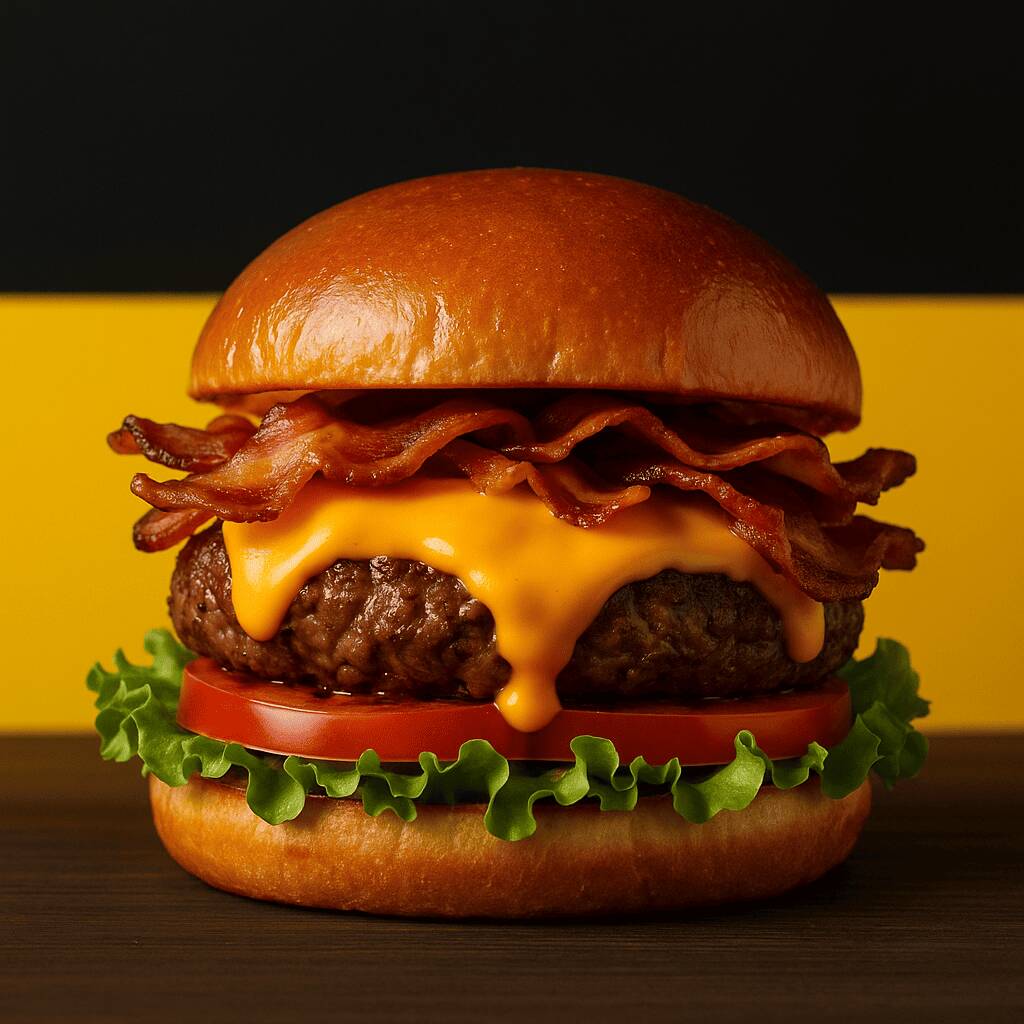 Burger Artesanal Prime Cheddar Bacon Pão brioche macio, hambúrguer artesanal suculento100g, cheddar cremoso, bacon, alface fresca e tomate em rodelas. Uma explosão de sabor em cada mordida!