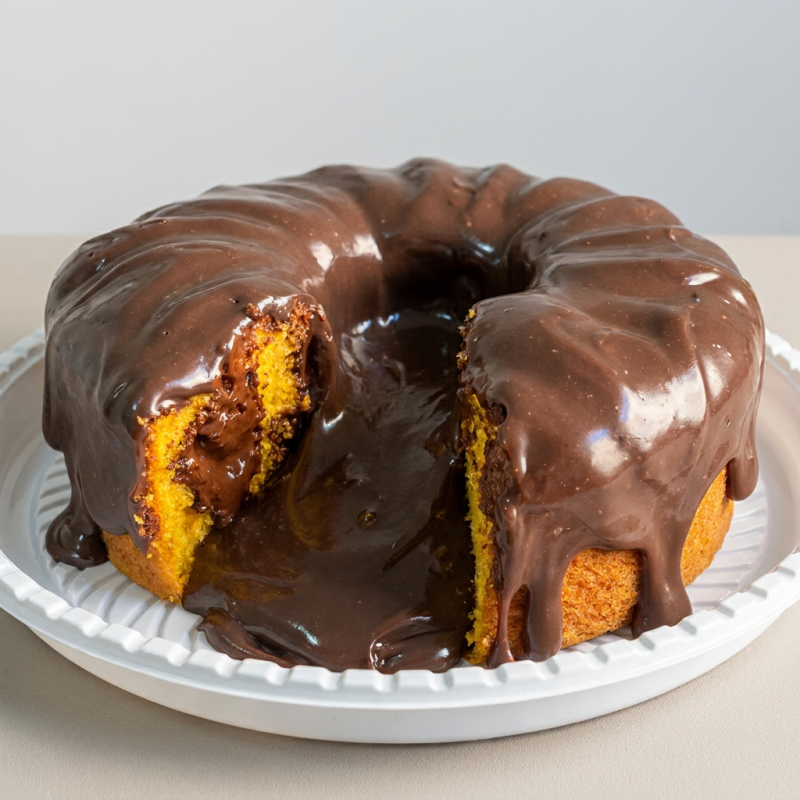 Bolo de Cenoura fofinho com pedaços de chocolate nobre e uma explosão de muuito brigadeiro cremoso irresistível. Uma experiência que transborda sabor! *_Serve aprox. 8 fatias (1Kg)_*
