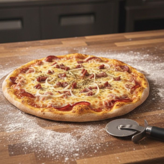 Mussarela, molho, presunto, calabresa, lombo canadense, bacon, cebola e orégano.