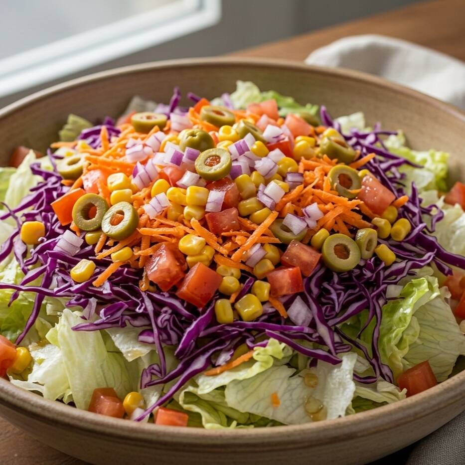 Porção individual/acompanhamento. Aproximadamente 140g. Alface americana, tomate em cubos, cebola roxa em cubos, cenoura ralada, repolho fatiado, milho e azeitona. Salada fresca, leve e crocante. Não acompanha proteína.
