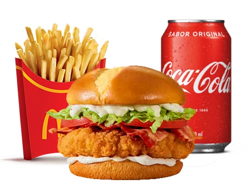 Composto por pão tipo brioche com batata, o novo molho Ranch (um delicioso molho emulsionado à base de especiarias e creme de leite), bacon em fatias, alface americana, tomate e carne 100% de peito de frango, temperada e empanada, acompanhamento e bebida