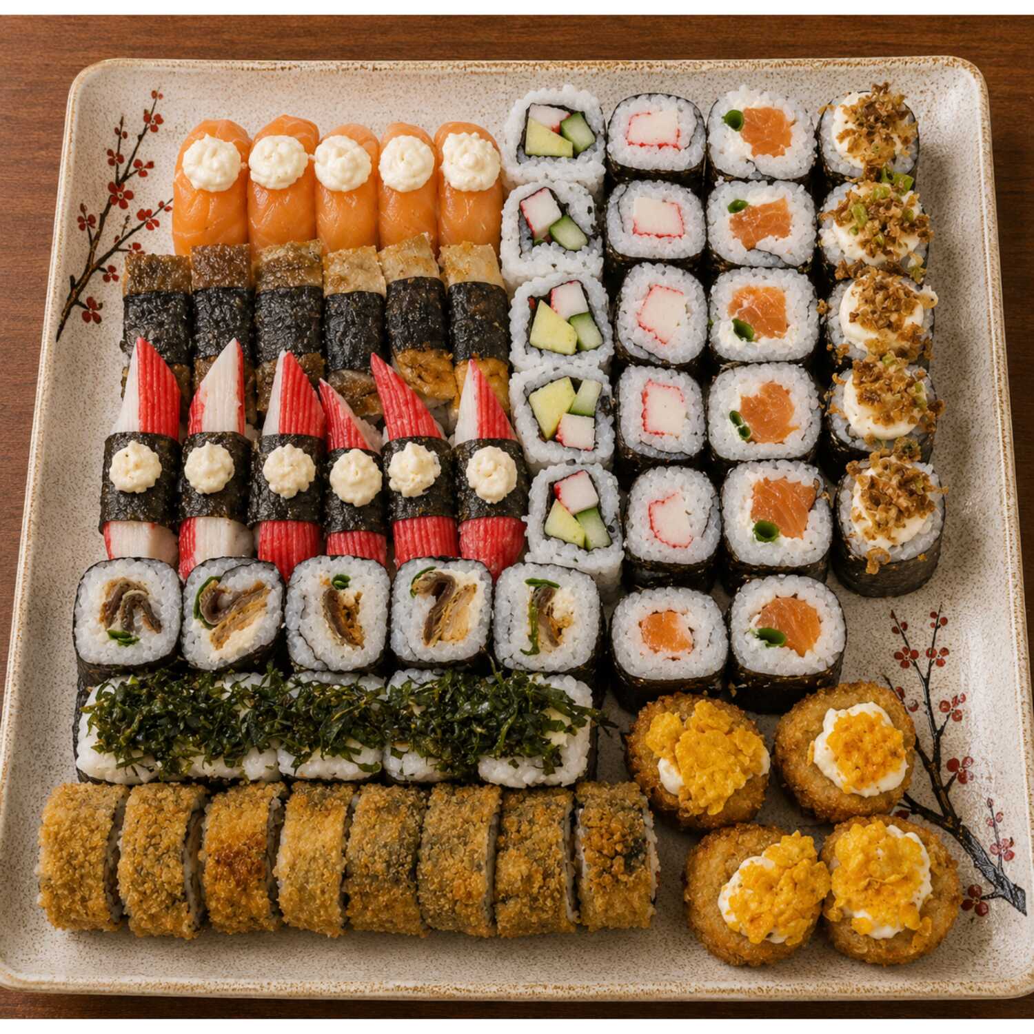 6 Sushi Salmão, 6 Sushi kani, 6 Sushi Skin, 10 Uramaki Califórnia, 10 Uramaki Grelhado, 10 Maki Kani, 10 Maki Skin (creme chess e cebolinha), 10 Maki Filadélfia, 10 Maki Grelhado, 12 Hott Filadélfia