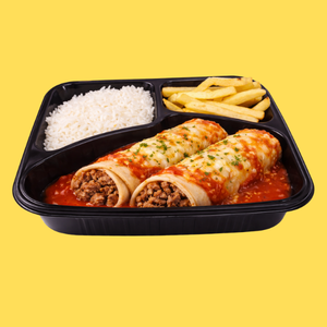 Deliciosa panqueca de carne, com arroz e fritas. Serve uma pessoa. Foto ilustrativa.