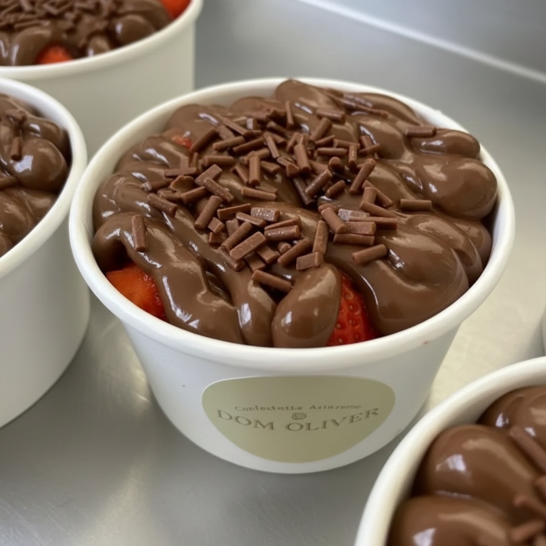 Recheio cremoso e aerado de chocolate, com morangos frescos e trufa de chocolate.