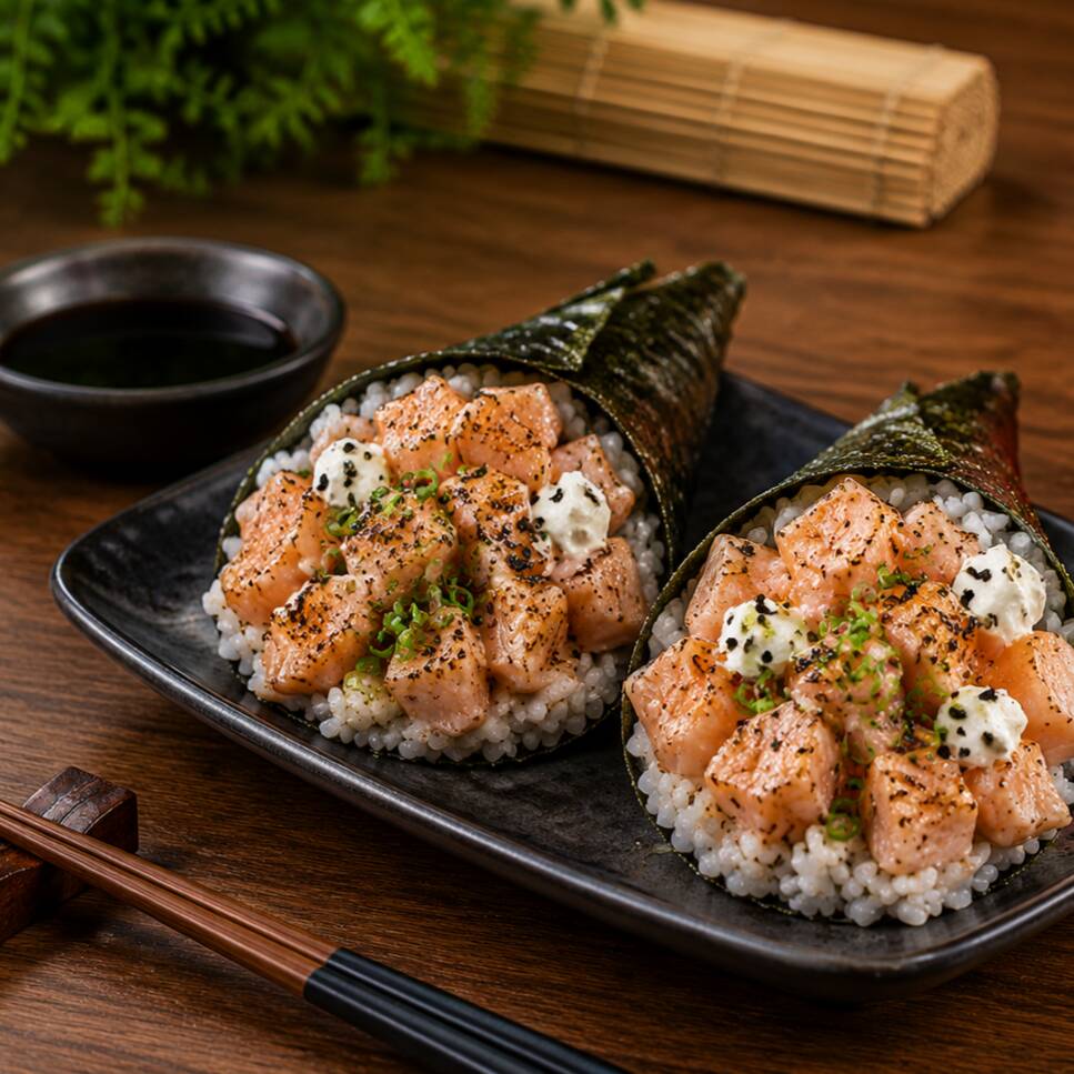 Combo com 2 temakis de salmão maçaricado, preparados com cream cheese e nori crocante. Acompanha Coca-Cola 350ml.