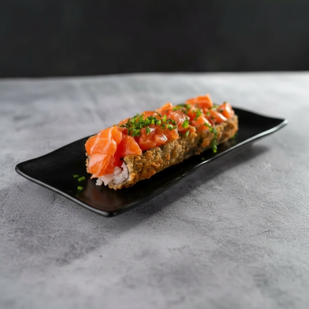 Composto por alga Nori frito e empanado, arroz japonês, cream cheese, salmão em cubos, gergelim e cebolinha. A cremosidade e suculência ideal para satisfazer você.