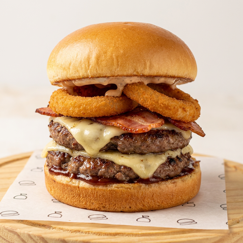 pao brioche, molho bbq, 2x burger 180g, 2x bacon, 2 muçarela, aneis de cebola e molho da casa