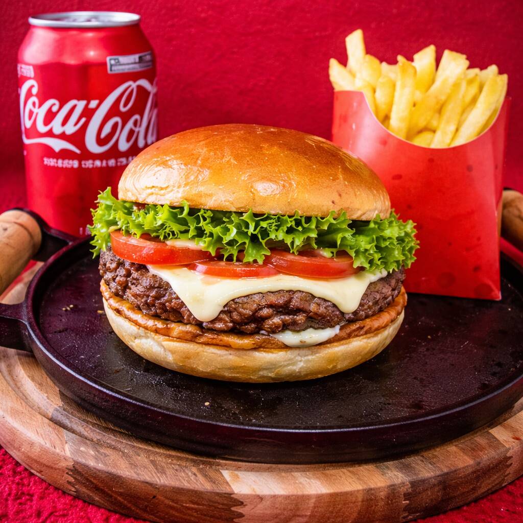 Pão, hambúrguer 120g, mussarela, alface, tomate e molho da casa