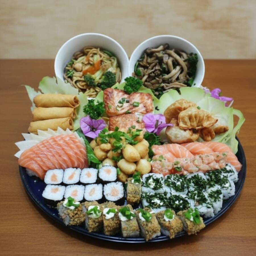 8 sashimis salmão, 4 niguiris salmão, 4 jhous salmão, 8 salmonmakis, 8 hot salmão, 8 uramakis skin, 4 harumakis, 4 guiosas, 1 lula dore 50g, 2 salmão grelhados 50g cada, 1 yakissoba classico (Servido Quente)150g, 1 shimeji 100g. (Obs: Não Fazemos Alterações Nesse Combo)