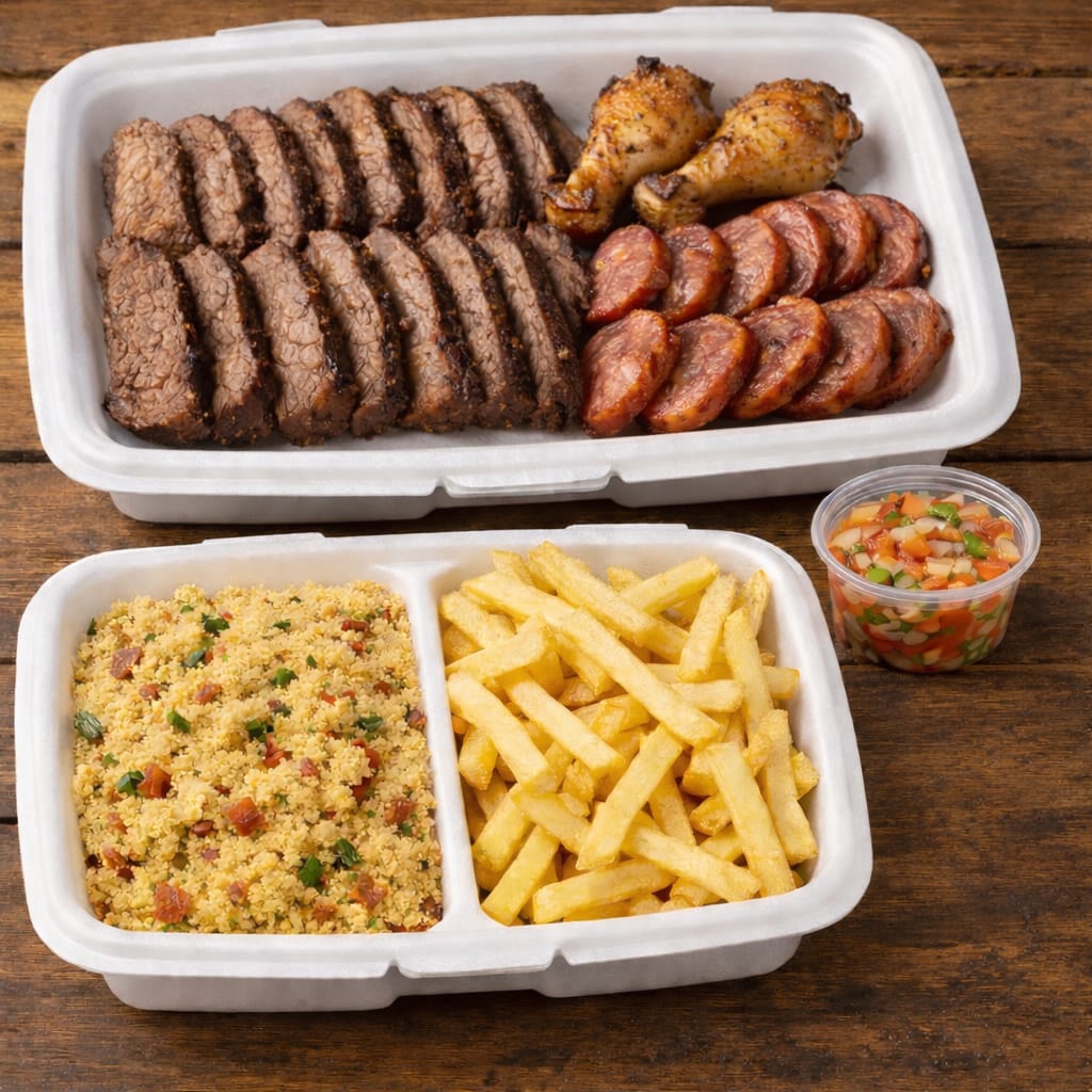 carne de alcatra fatiada, coxinha da asa, linguiça suína, batata frita, farofa e vinagrete