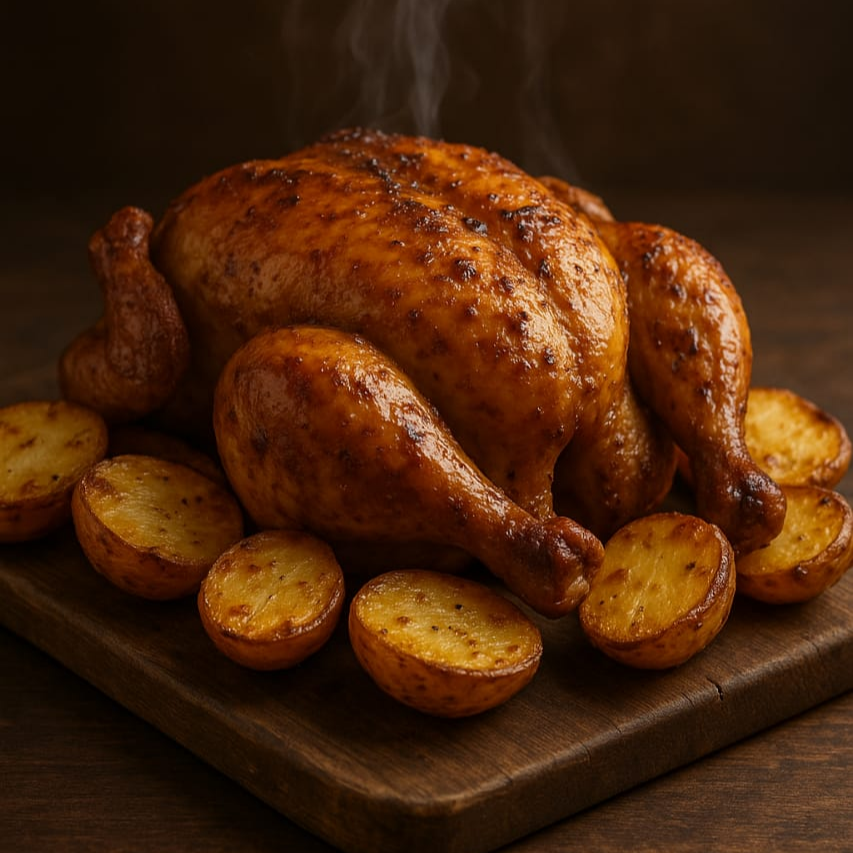 rango Assado megaaa saboroso, suculento, acompanhado com uma porção de batatas coradas com tempero especial, média de 6 unidades + pote de farofa média de 30g. Melhor opção de proteína animal, saudável. Enviado em de Embalagem Térmica