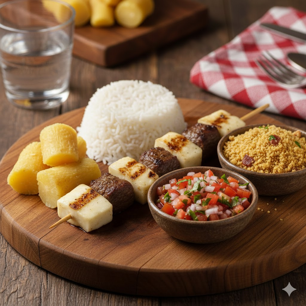 Macaxeira + arroz + espetinho de carne com queijo + vinagrete + farofa