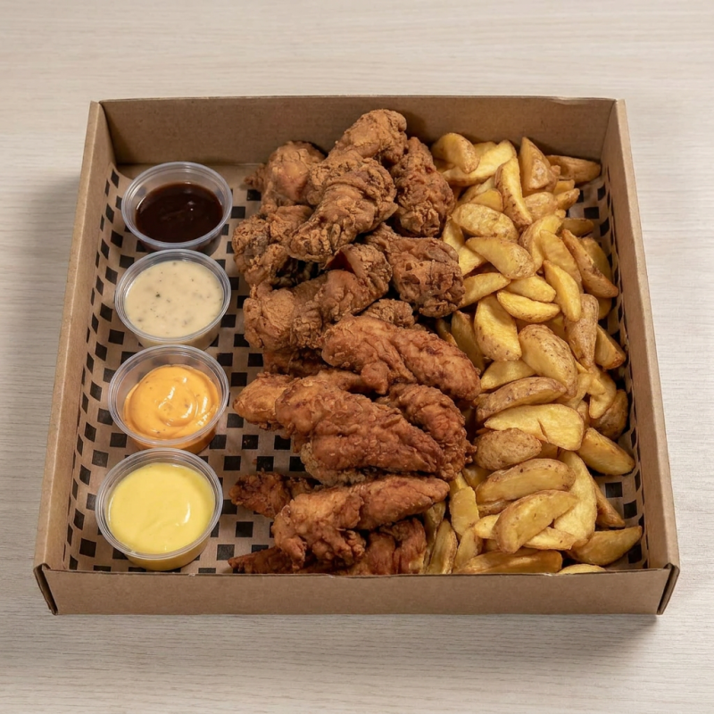 Coxinha de frango+ Filé de sassami + acompanhamento + 4 molhos Obs: Todos os nossos cortes de frango são empanados com o exclusivo tempero Chicken Box