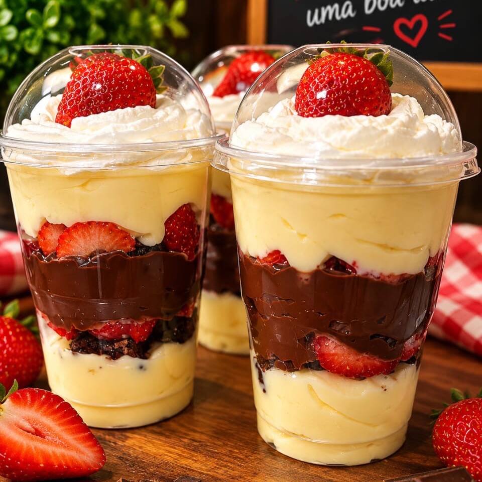 Uma explosão de sabor em cada colherada! 😍 Camadas irresistíveis de creme de Ninho, recheio cremoso de chocolate e morangos fresquinhos, combinadas com pedacinhos de brownie para deixar tudo ainda mais delicioso. 🤤✨
Finalizado com uma generosa camada de chantilly e morango, esse copo é perfeito para matar aquela vontade de um docinho! ❤️