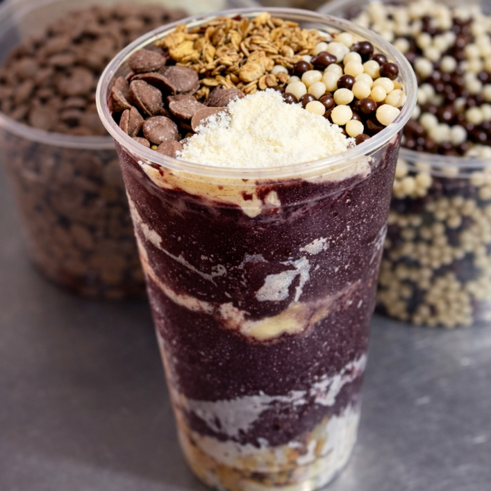 leite condensado, leite em pó, granola, gotas de chocolate e chocoball