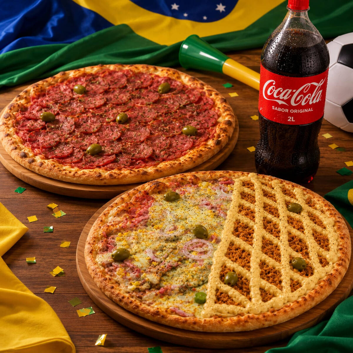 Mais sabor para todo mundo! Leve 2 pizzas grandes Até 4 sabores a sua escolha e ainda ganhe 1 Coca-Cola 2l grátis para acompanhar. Perfeito para reunir a família ou dividir com os amigos!