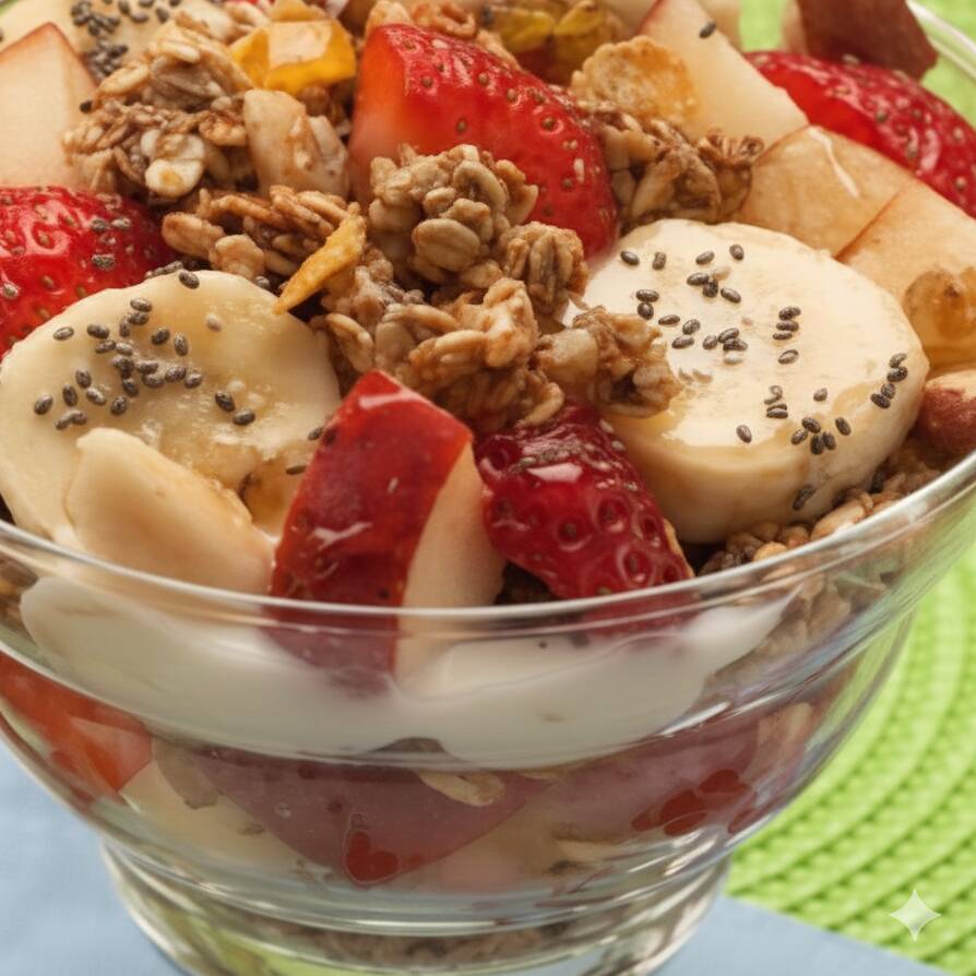 Seleção de frutas do Dia, cobertas com melado-de-cana e granola doce feita na casa
