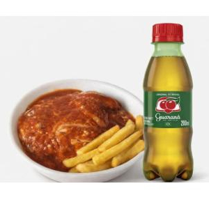 Delicioso Frango a Parmegiana, acompanha Macarrão Espaguete ou Arroz e Batata Frita + 1 Guaraná Antartica 200ml