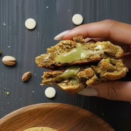 Massa delicada com recheio cremoso de pistache. Suave, elegante e cheio de afeto.