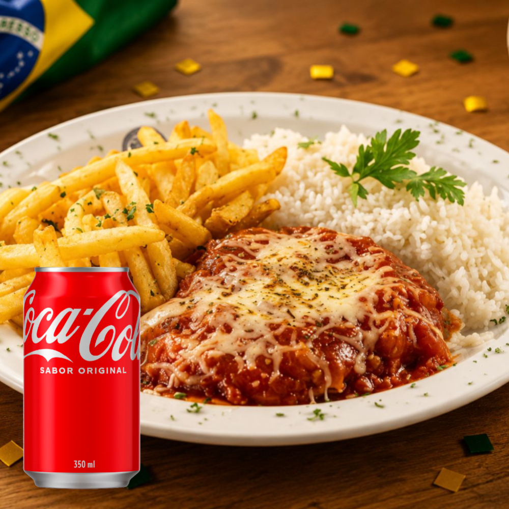 Arroz, file de frango empanado, muito queijo derretido, molho de tomate da casa e fritas, finalizado com cebolinha e pimenta biquinho