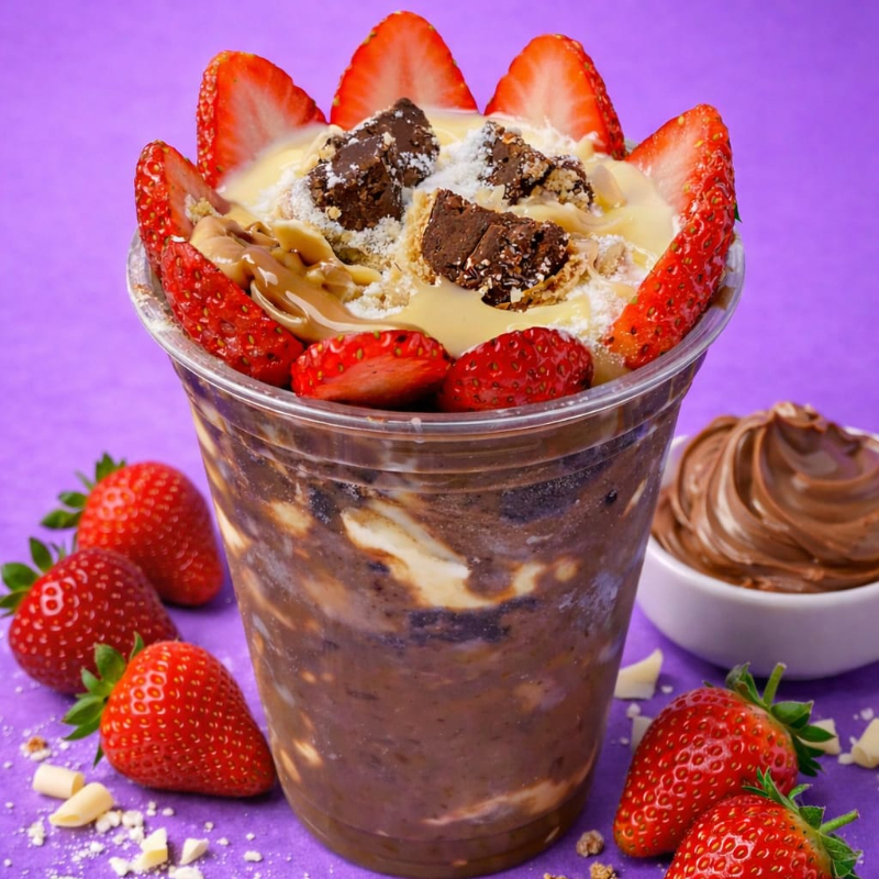 Uma verdadeira sobremesa dos sonhos! Nosso açaí cremoso vem com o copo trufado com creme de avelã, recheado com morangos fresquinhos, leite em pó, leite condensado e finalizado com pedaços de bombom. Extremamente cremoso, doce na medida certa e perfeito para quem quer se entregar a uma experiência irresistível. Acompanha: • Copo trufado com creme de avelã • Morangos • Leite em pó • Leite condensado • Bombom