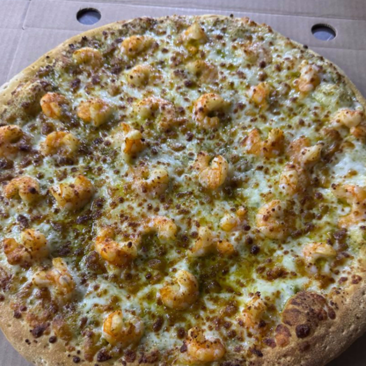 Pizza de Camarón y Pesto de albahaca.